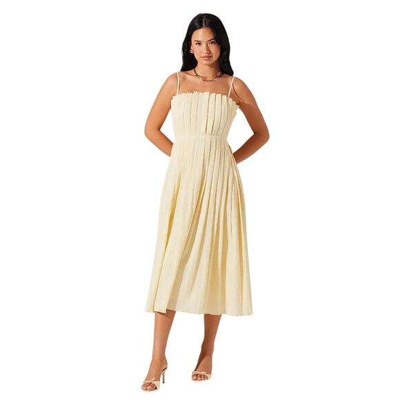 ASTR THE LABEL Women's Sunny Pleated Midi Dress Size M In Soft Yellow - Picture 1 of 13